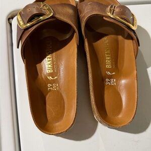 Birkenstock Women's Tan Mules with Gold Buckle